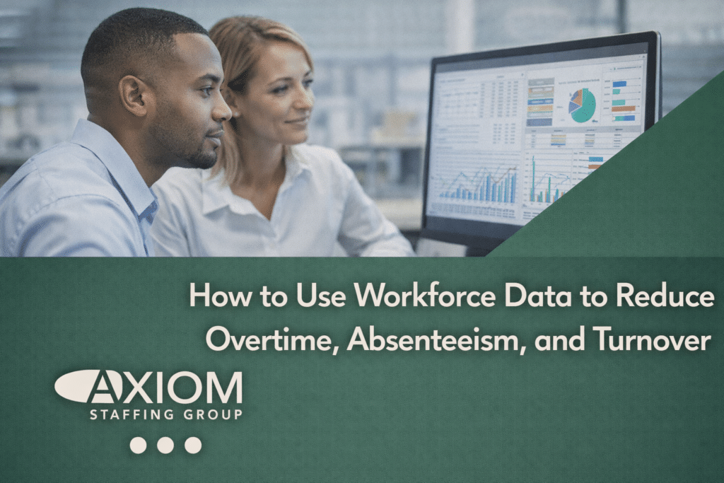 Two professionals reviewing workforce analytics on a computer screen in an office setting, analyzing charts related to overtime, absenteeism, and turnover, with Axiom Staffing Group branding and headline text displayed below.