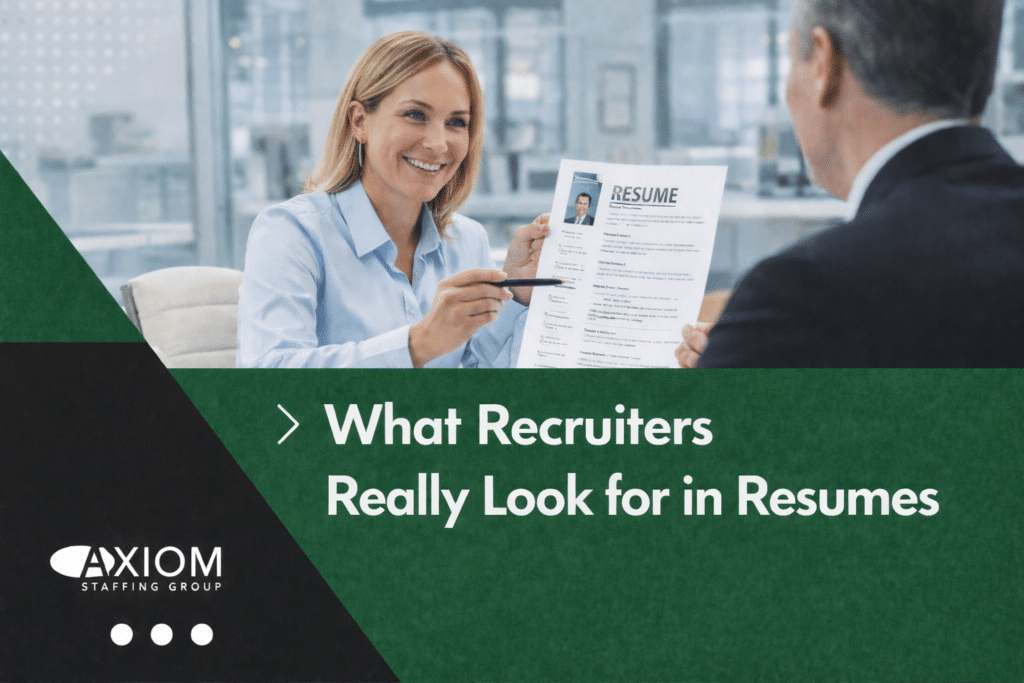 Recruiter in a modern office reviewing a candidate’s resume during an interview, with green and black graphic overlay and white headline text reading “What Recruiters Really Look for in Resumes.”