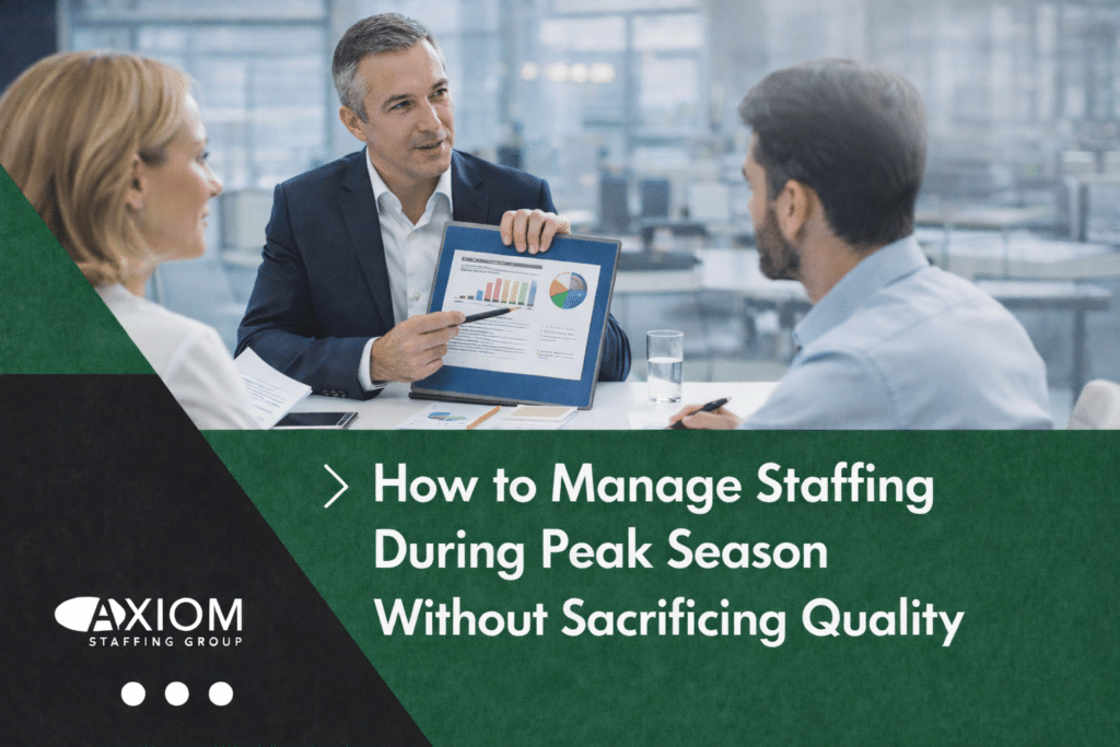 Business professionals reviewing staffing performance charts during a meeting about managing peak season workforce planning without sacrificing quality.