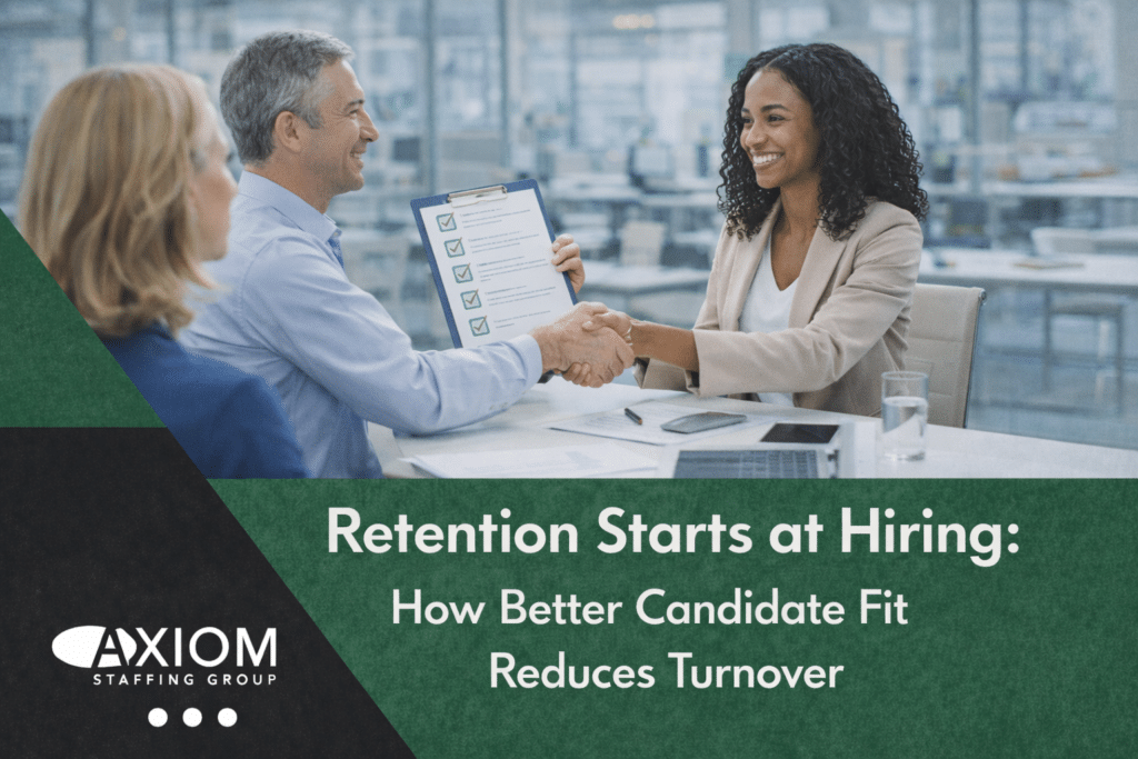 Hiring manager shaking hands with a job candidate during an interview while reviewing a checklist, with headline text about how better candidate fit reduces employee turnover.
