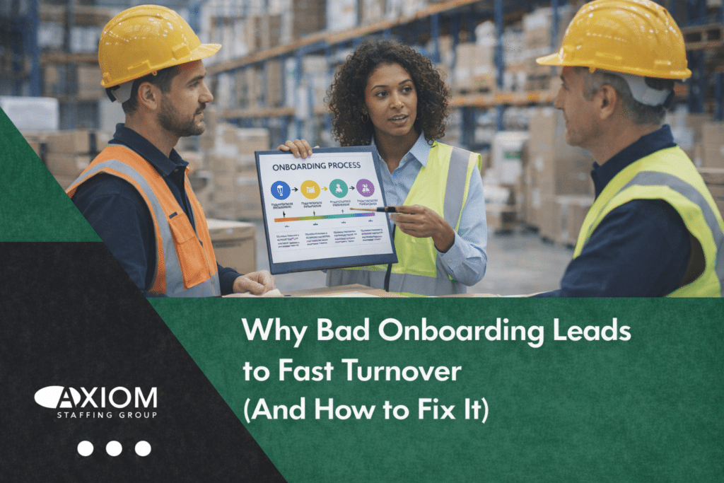 Warehouse supervisor onboarding two employees in a distribution center, illustrating why bad onboarding leads to fast turnover and how to fix it.