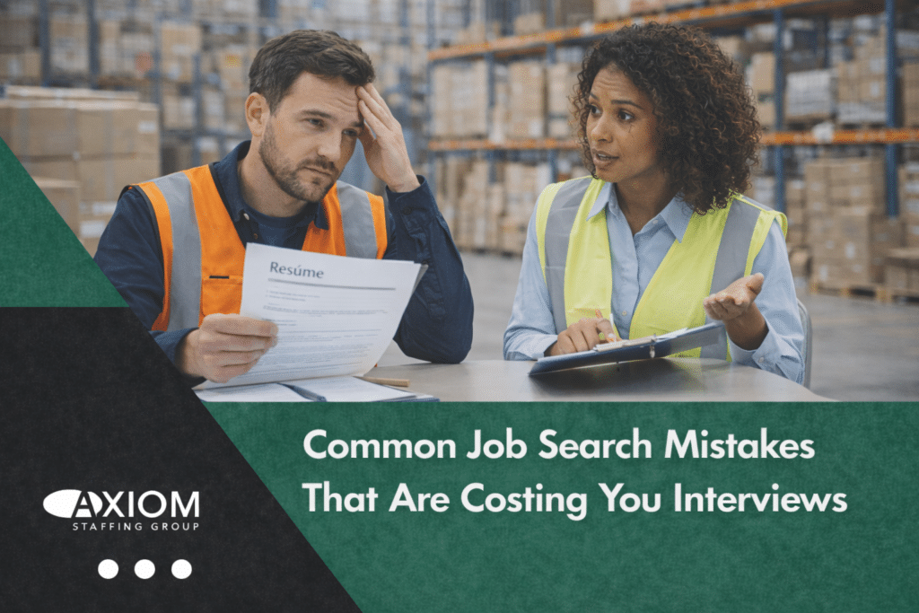 Warehouse job candidate reviewing resume with supervisor, highlighting common job search mistakes that are costing applicants interviews.